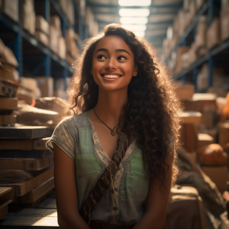 Woman with curly hair smiling in warehouse setting with warm lighting